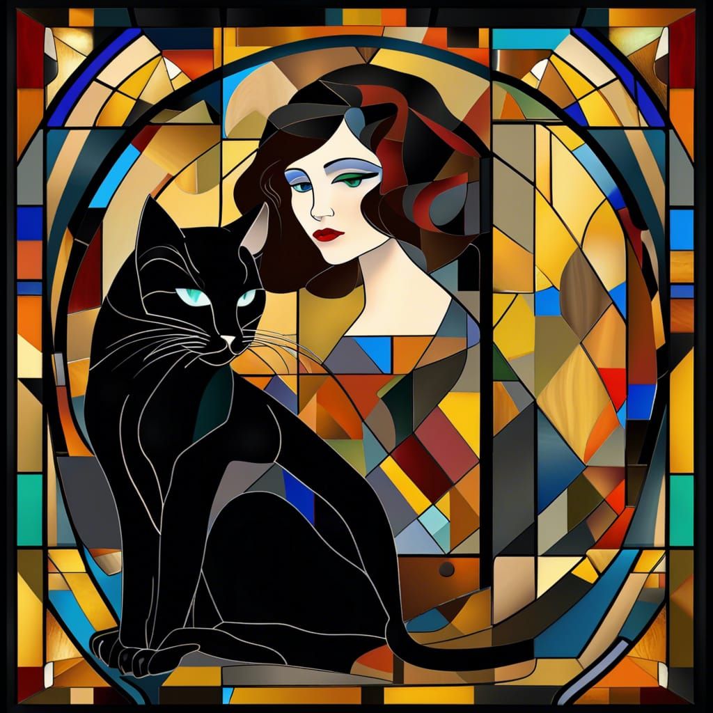 Woman and Black Cat Stained Glass in Cubist Art Deco Style