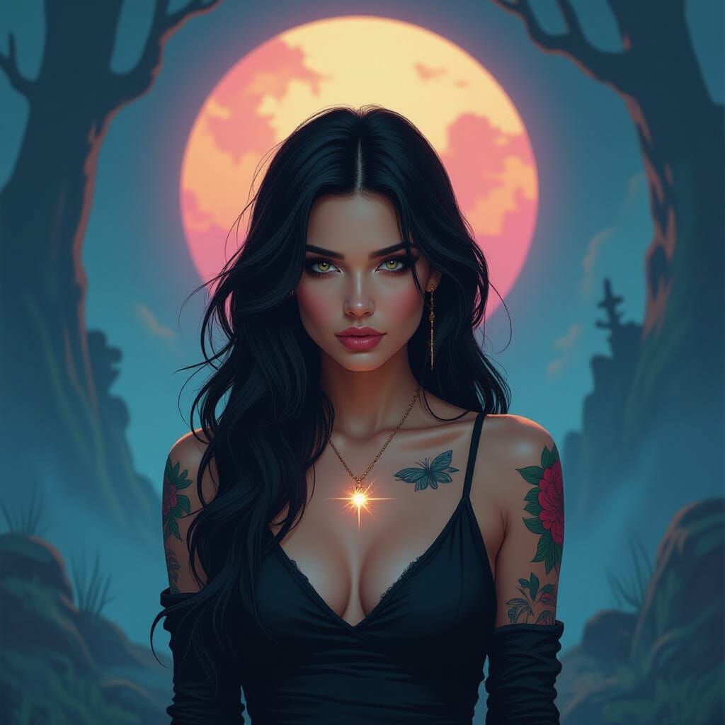 Mystical Woman with Flash Tattoos in Dreamlike Realm