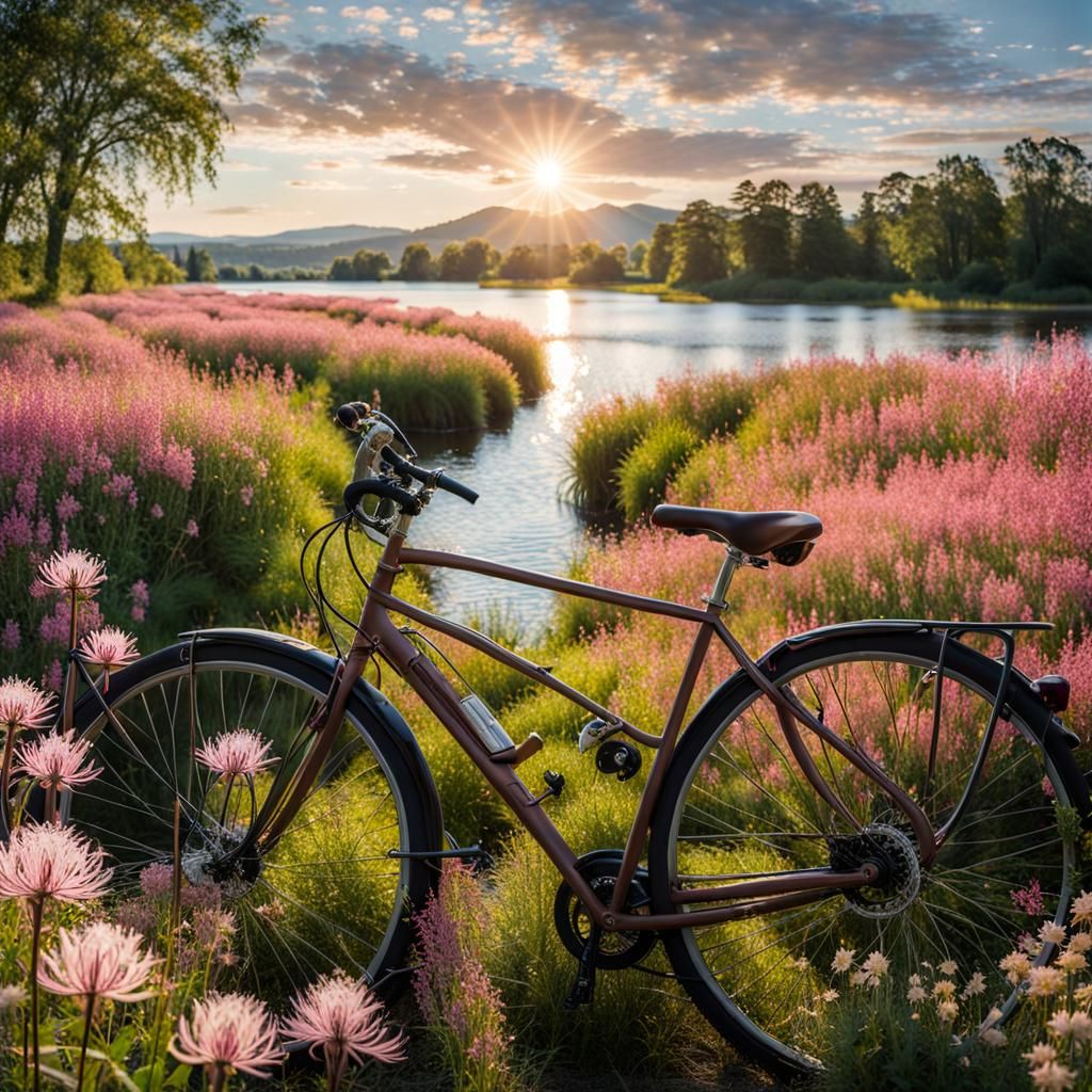 Couple on Bicycles in Sunlit Wildflower Landscape