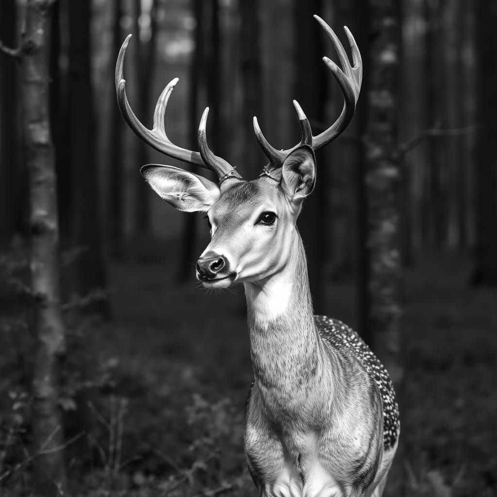 Monochrome Deer in Forest with Blue Star Sparkle