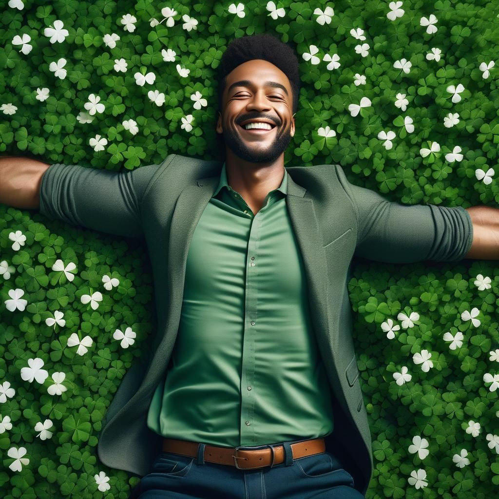 Hyperrealistic Man in Clover Meadow: A Joyful Scene