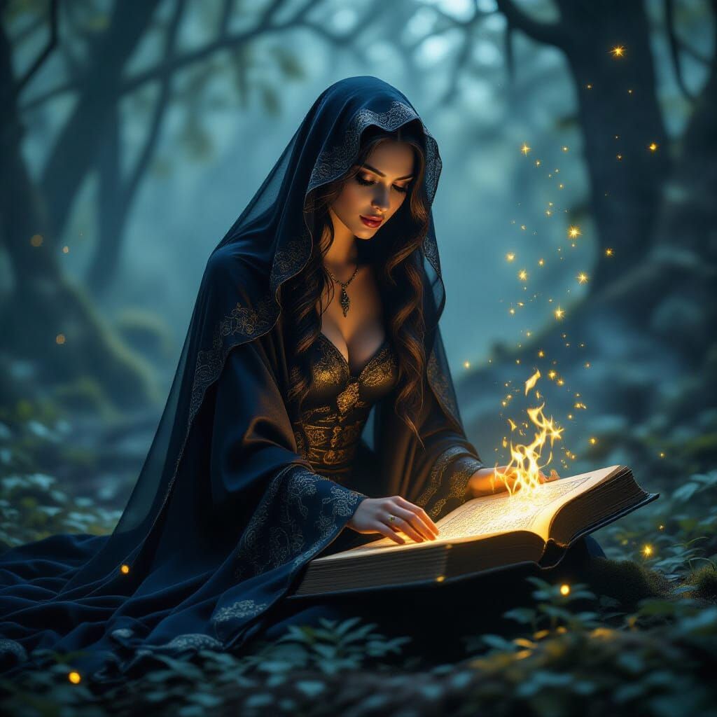 Mystical Woman with Grimoire in Gothic Fantasy Style