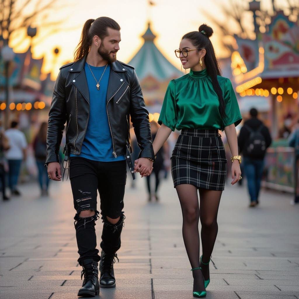Rocker Couple in Amusement Park at Sunset