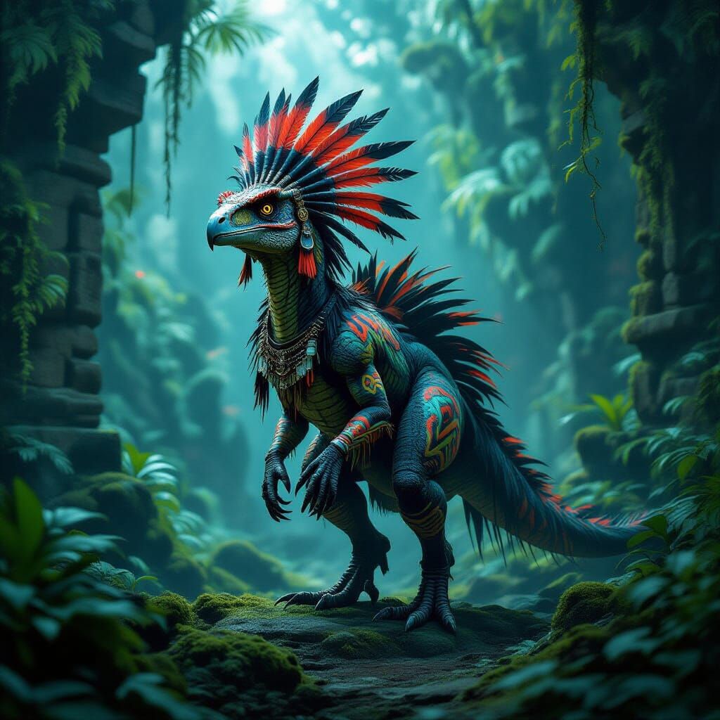 Tribal Velociraptor Sentinel in Bioluminescent Jungle