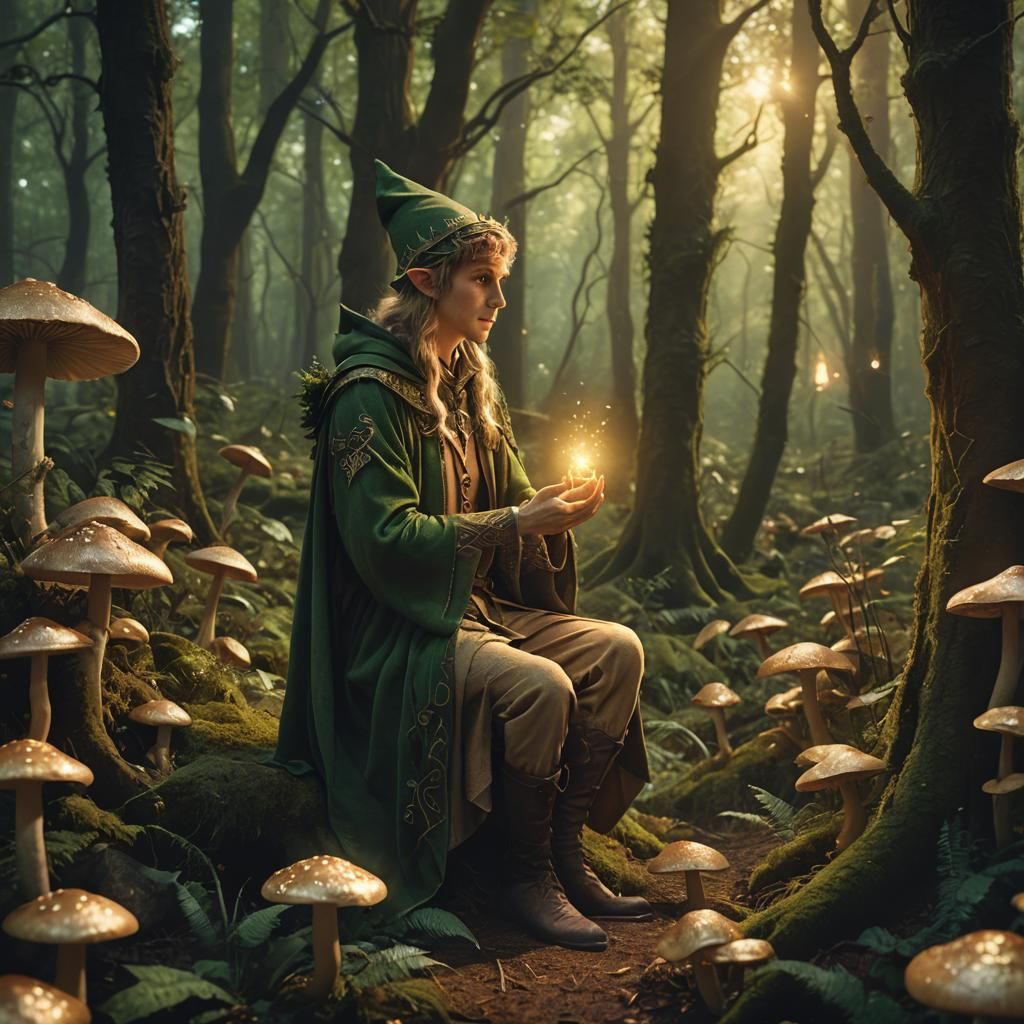 Elf in Forest with Glowing Runes and Mushrooms