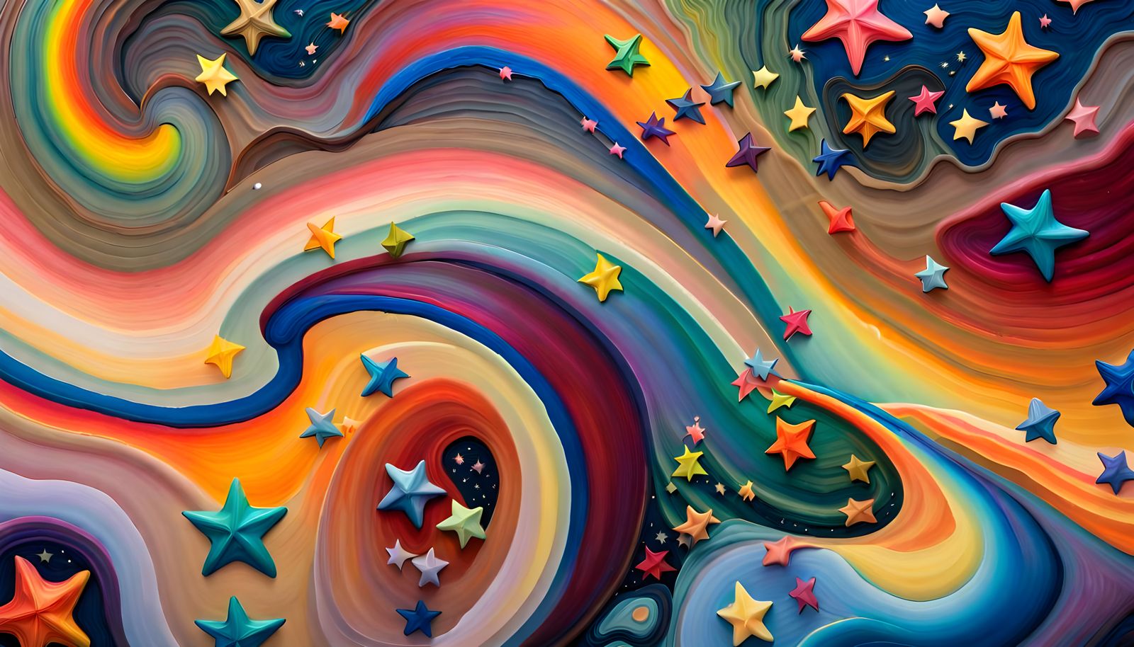 Iridescent Stars Dance in Rainbow Cosmic Oil Painting