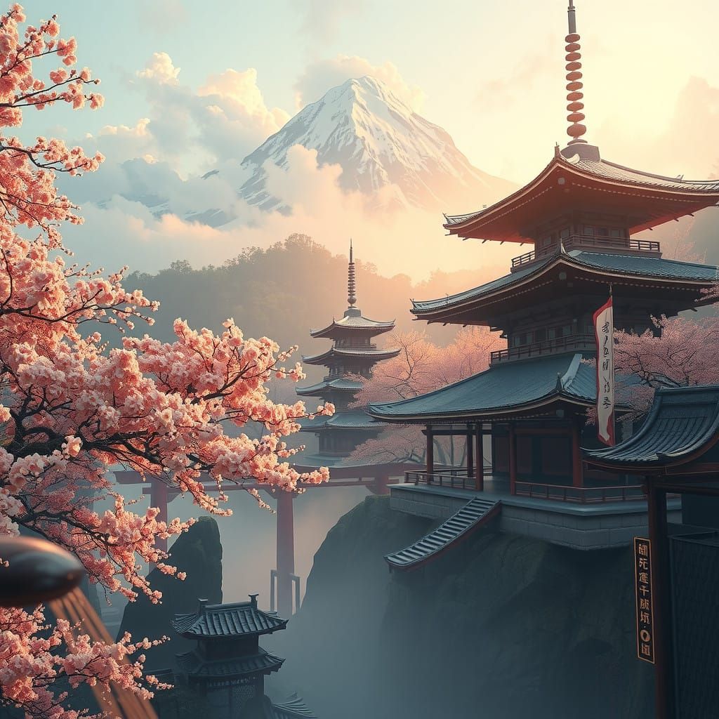Enchanted Japanese Fantasy Landscape in Vibrant, High-Defini...