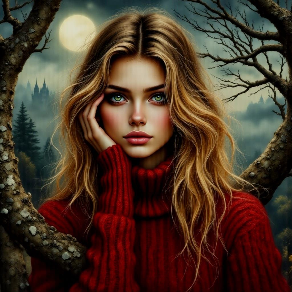 Woman in red  with green  eyes and curly blond hair