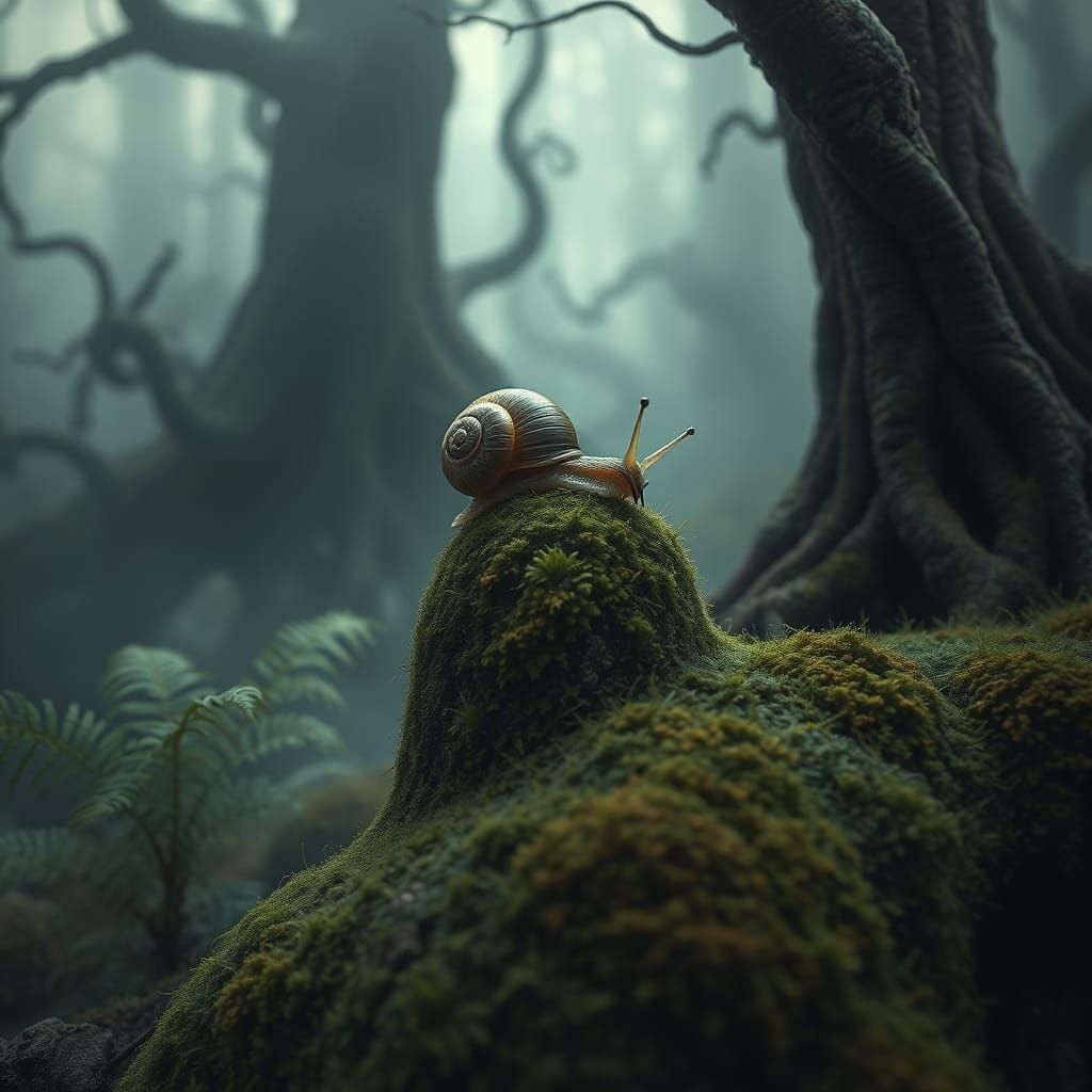 Dreamlike Forest Encounter with a Slow-Moving Snail