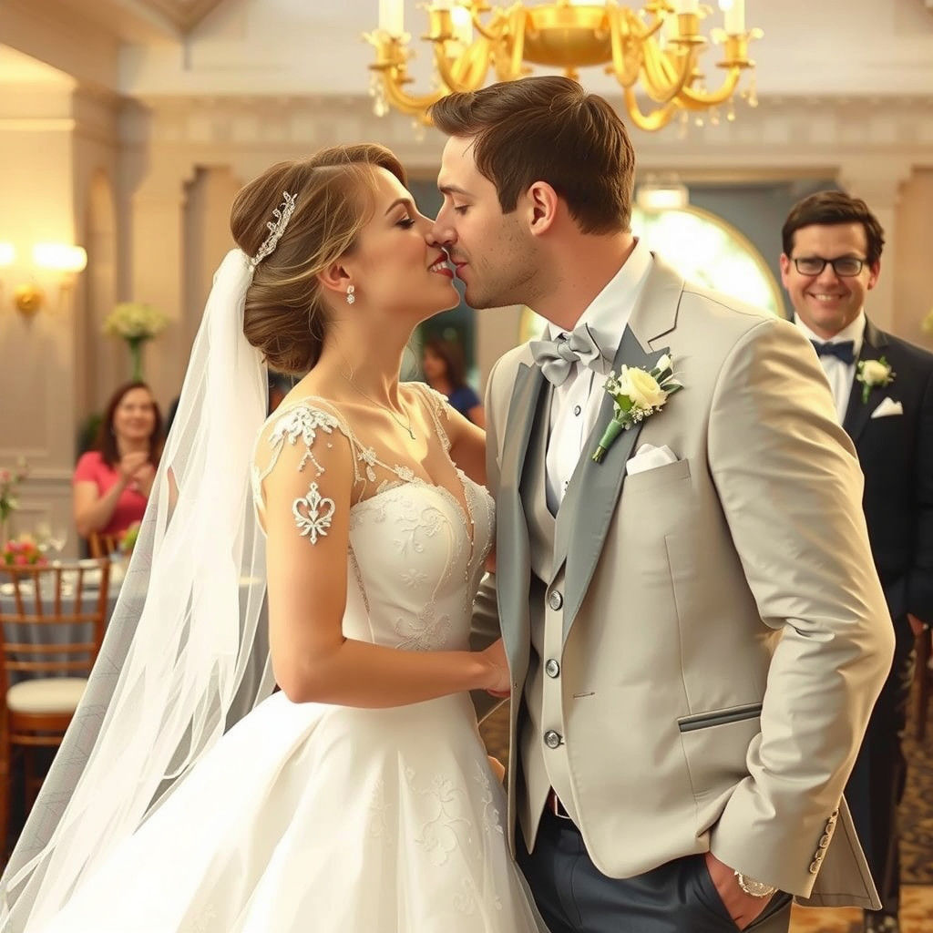 Bride and Groom Kissing with Funny Face in Background