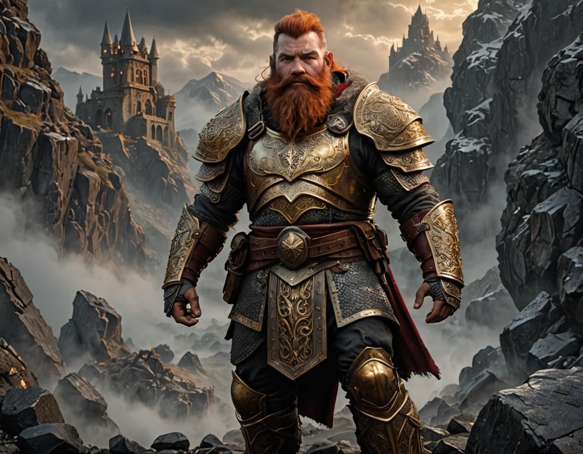 Proud Dwarf in Golden Armor in a Rocky Mine