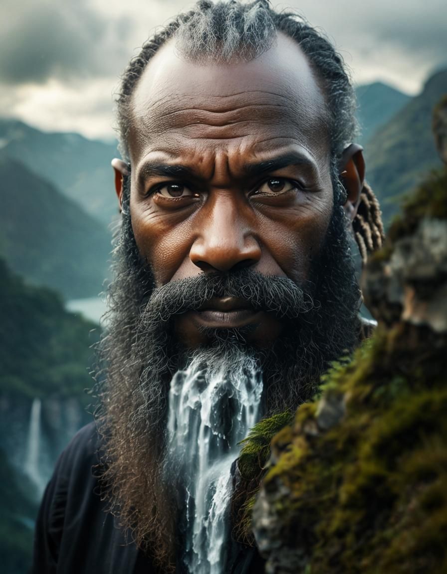 Surreal Waterfall Beard Man in Mountain Scene