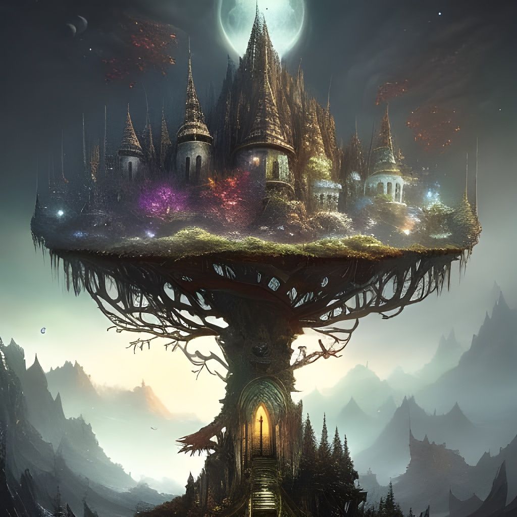 Fairy Village Under Moonlit Sky: Digital Gouache Painting