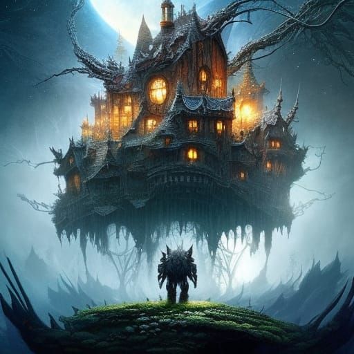 Fairy Village Under Moonlit Sky, Digital Painting