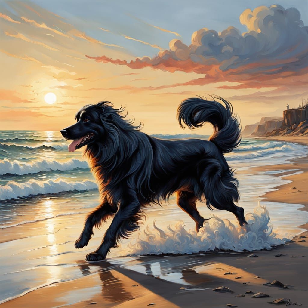 Expressive Black Dog Portrait on a Seaside Beach
