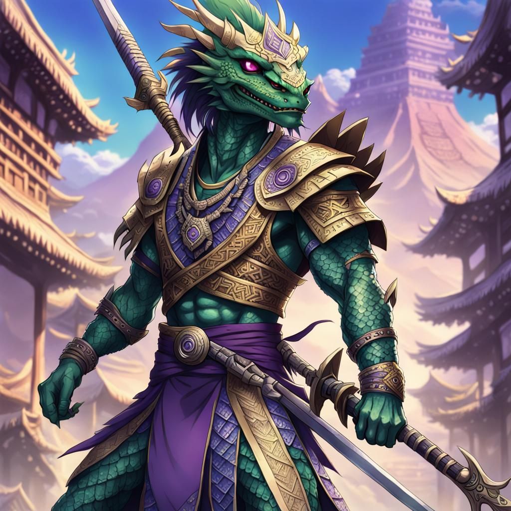 Lizardfolk Warrior in Anime Style with Aztec Clothing