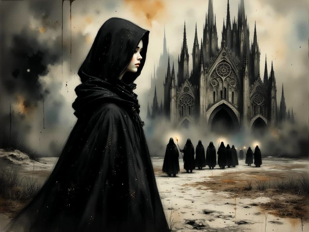 Surreal Cubist Girl Observes Dark Monks in Gothic Cathedral