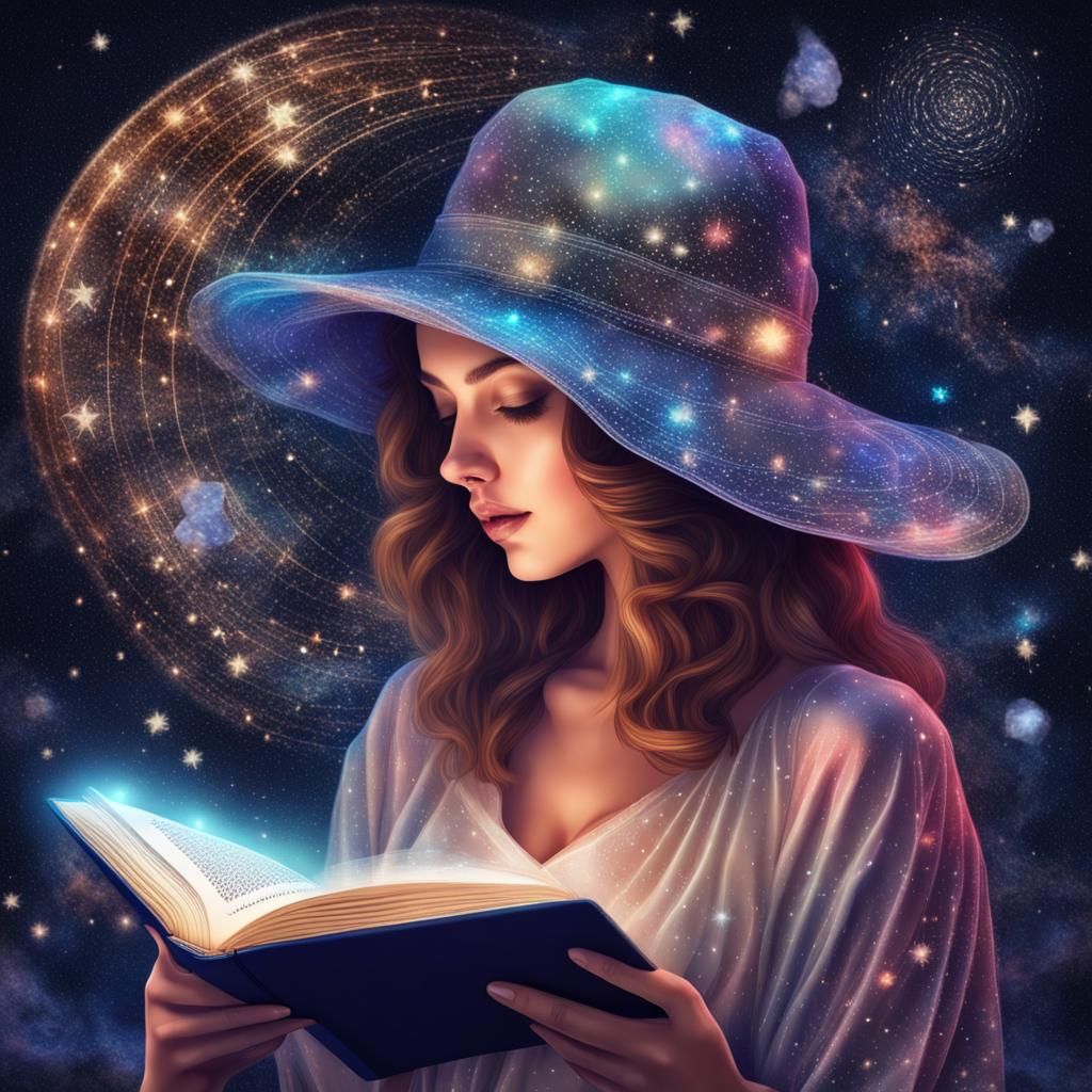 Woman Reading Under Astral Sky in Pablo Amaringo Style