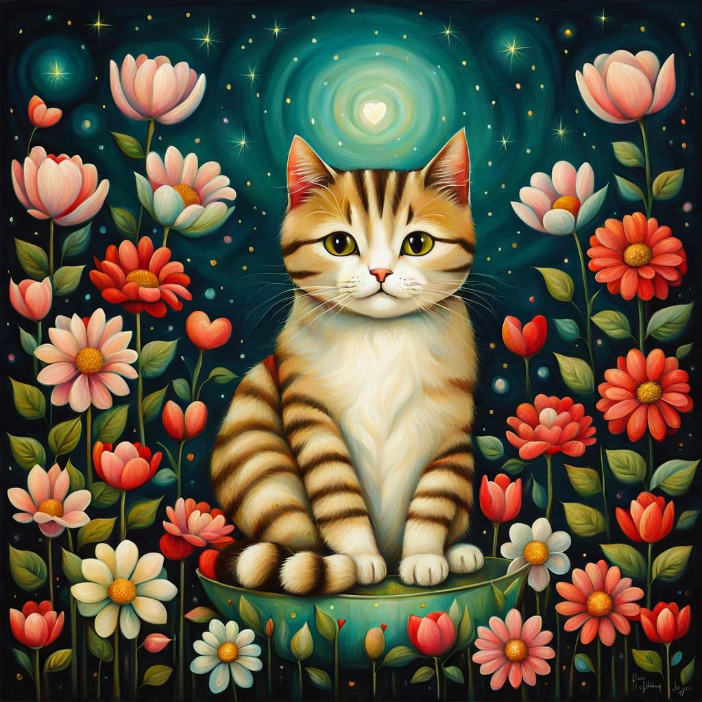Cute Cat Surrounded by Flowers in Surreal Style