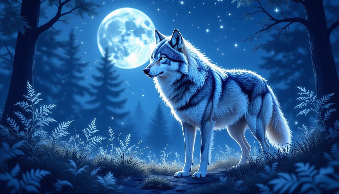 Wolf of Luminous Silk Guards Moonlit Forest
