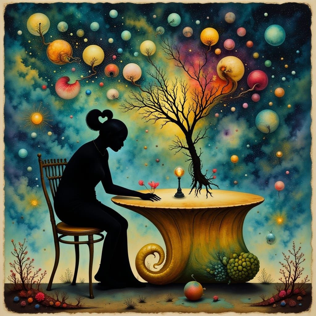 <lora:hyperkraximalismus:1.0> <lora:CICADA SONG:1.0> sad woman sitting at the table after the break-up, hips-up portrait...