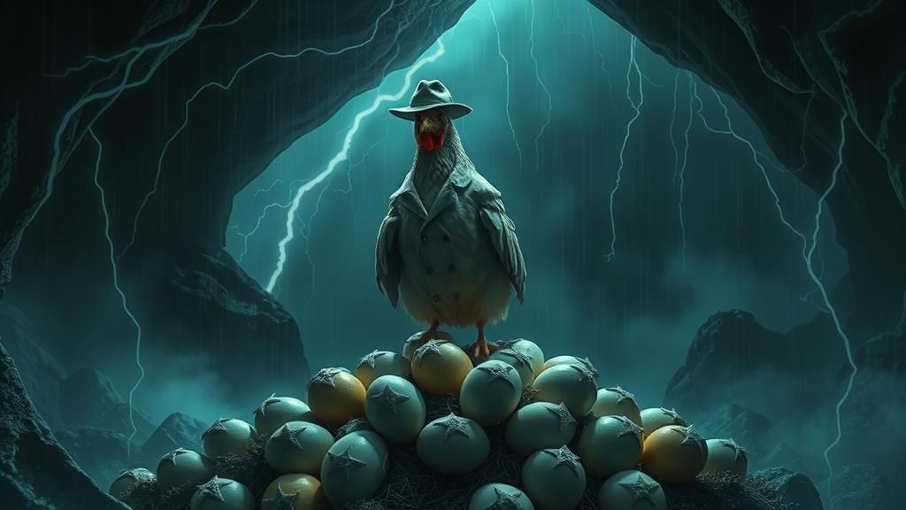 Gumshoe chicken, dressed in a crumpled fedora and trench coa...