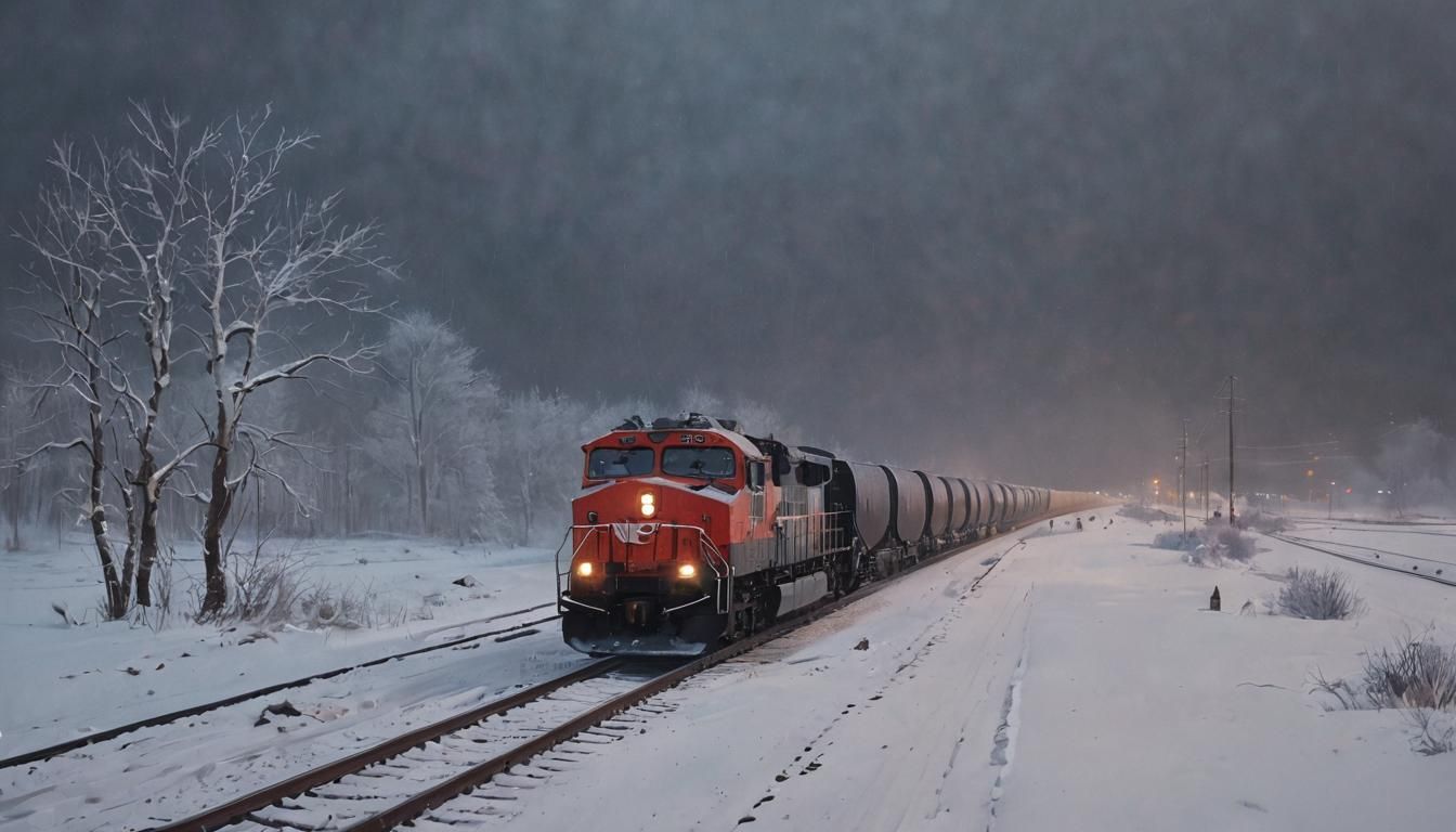 Winter Freight Train in Watercolor Landscape Painting