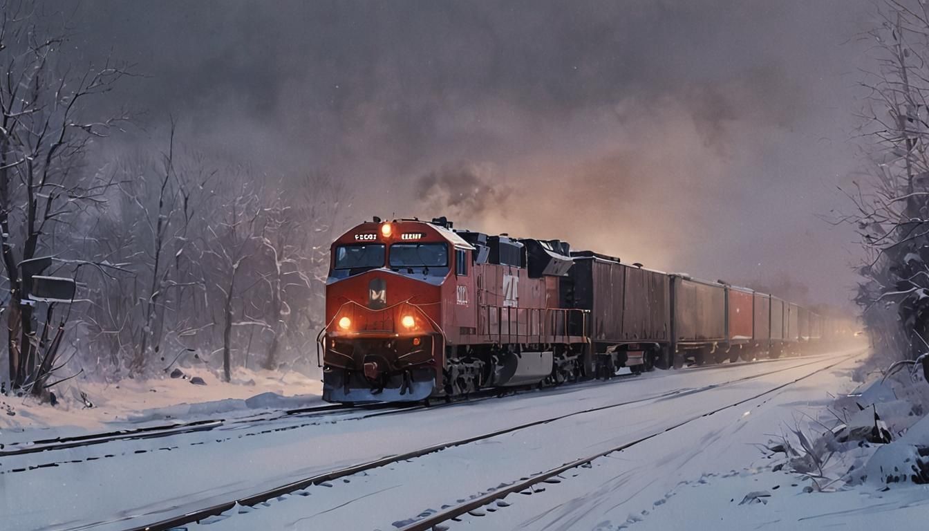 Winter Freight Train in Landscape Watercolor Painting