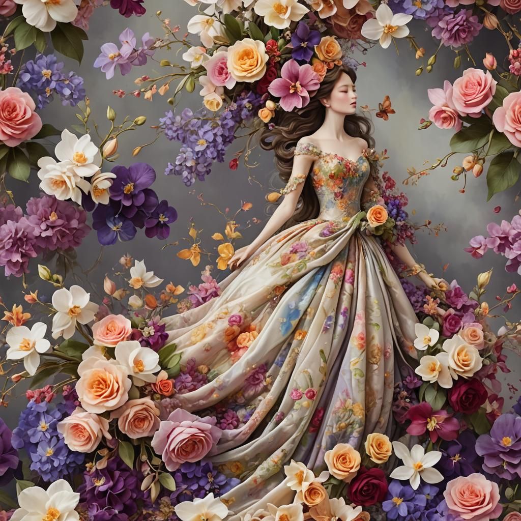 Ethereal Being in Floral Gown: Hyper-Real Fantasy Art