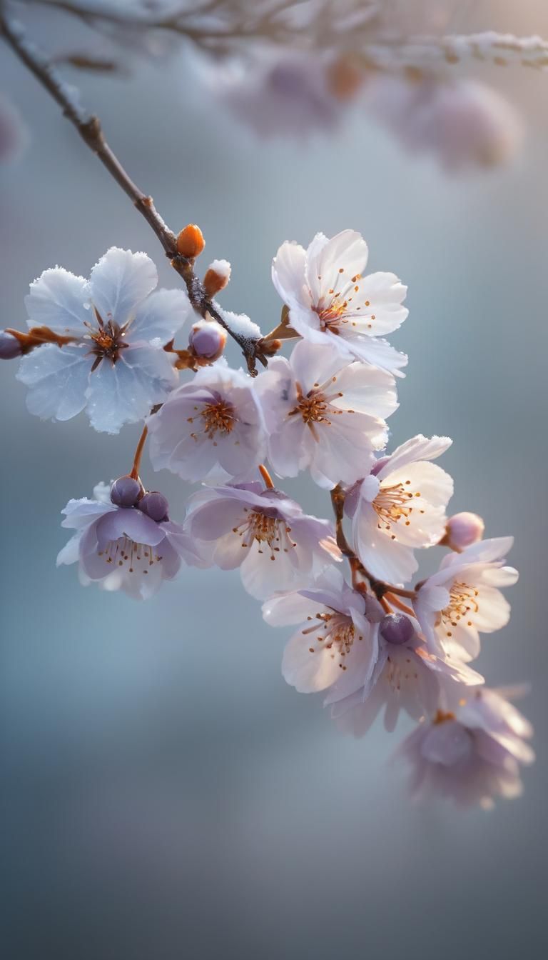 Translucent Cherry Blossom Branch in Winter Snow