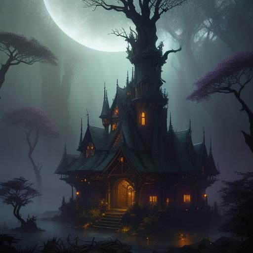 Mystical Forest Village in Art Nouveau Style