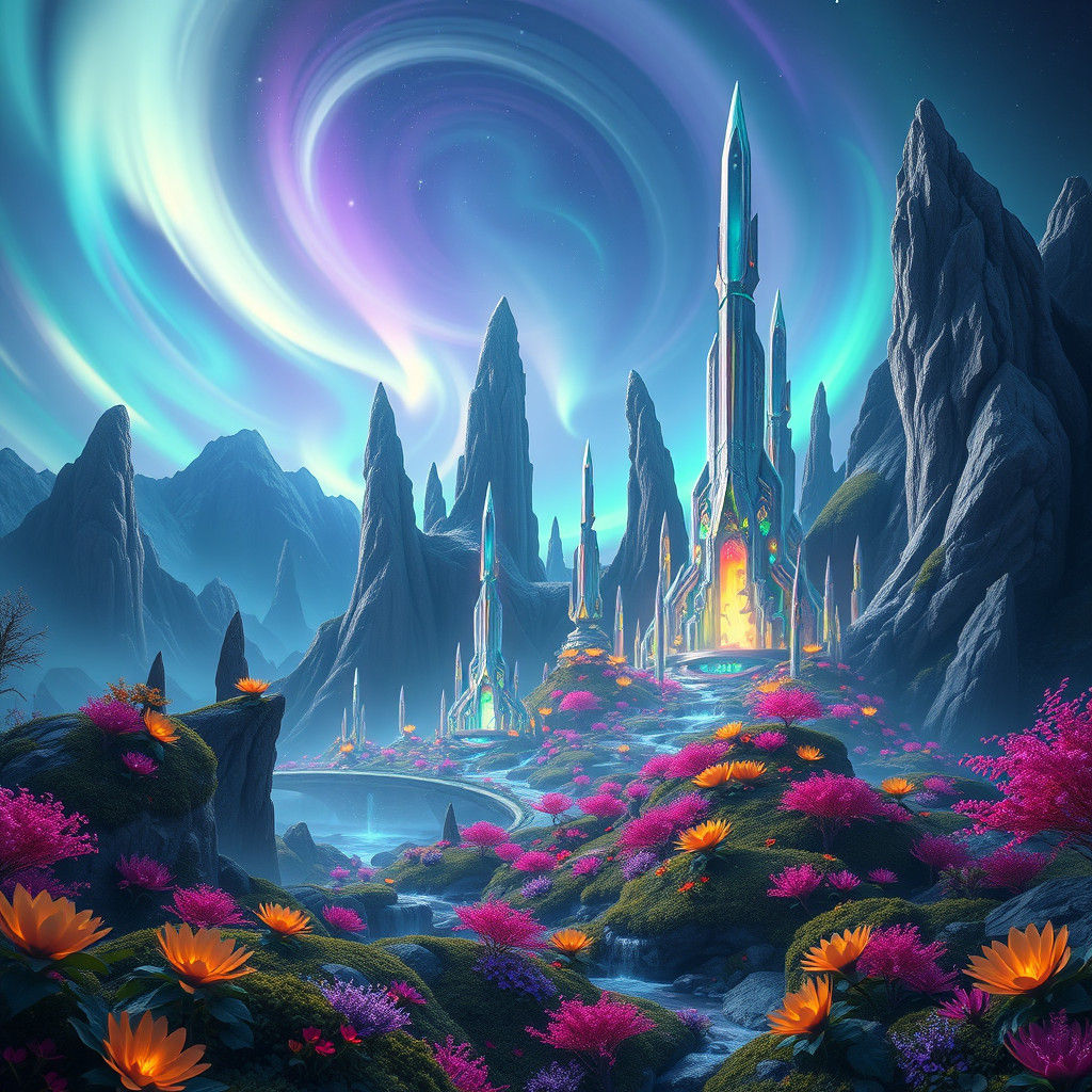 Mystical Realm of Vollebo: Iridescent Aurora Landscape