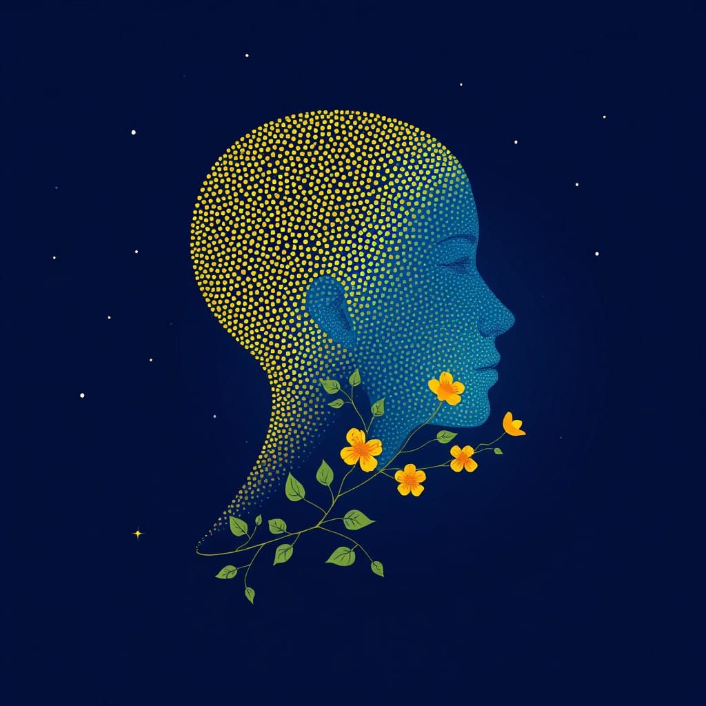 Dreamlike Portrait with Floral Vine in Pointillist Style