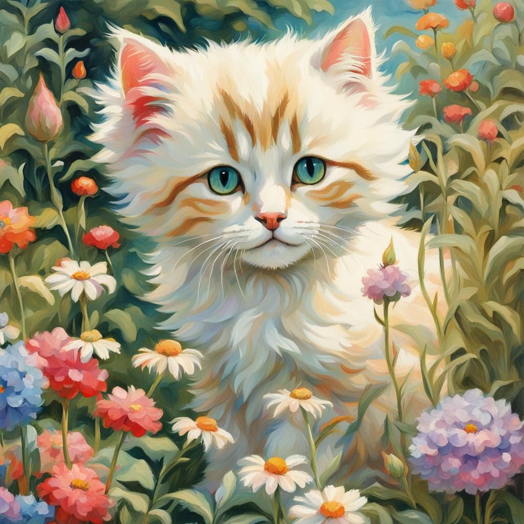 Pale Cream Tabby Kitten in Garden, Anime Style