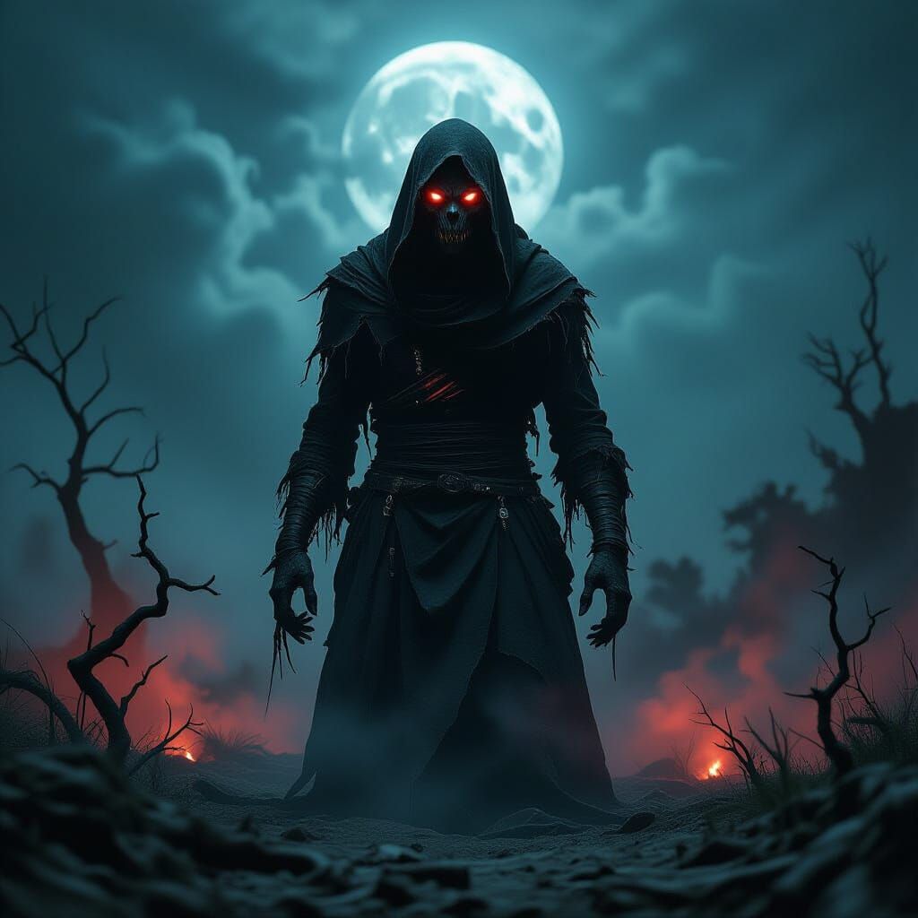 Grotesque Skinwalker in Shadowy, Moonlit Landscape