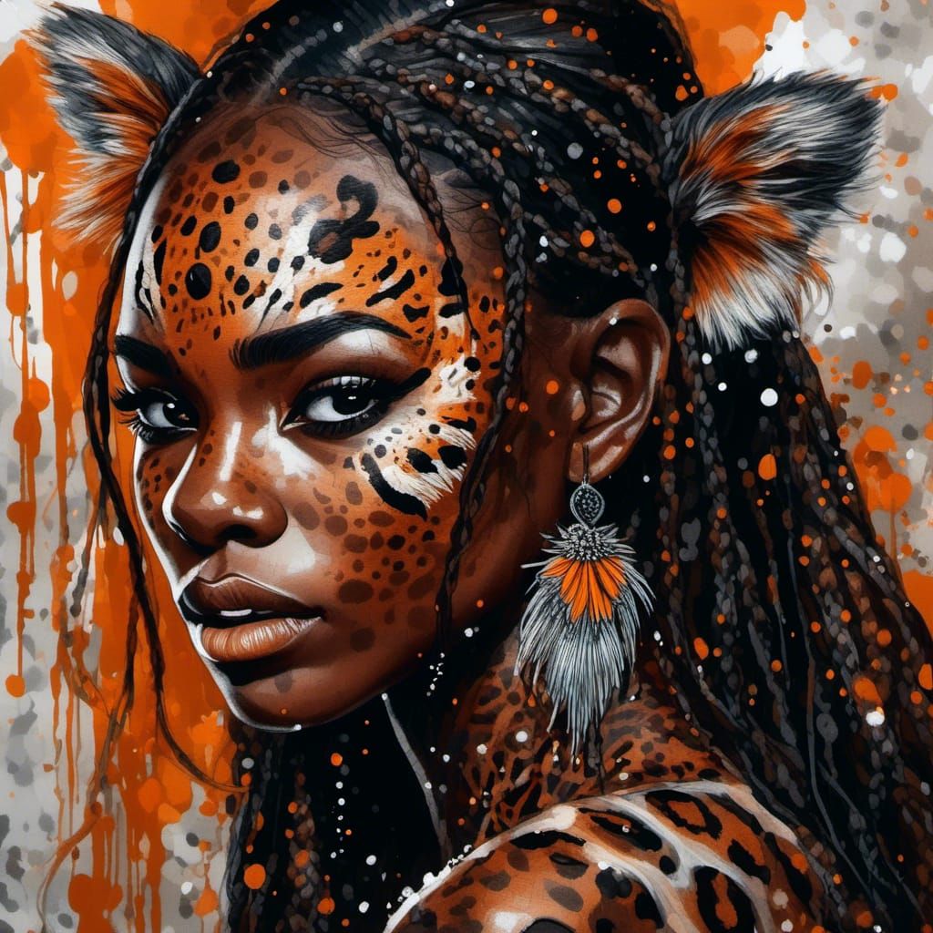 "Beautiful dark skin beauty, her hair has orange streaks and is pulled tight into a pony tail, her bare skin is decorate...