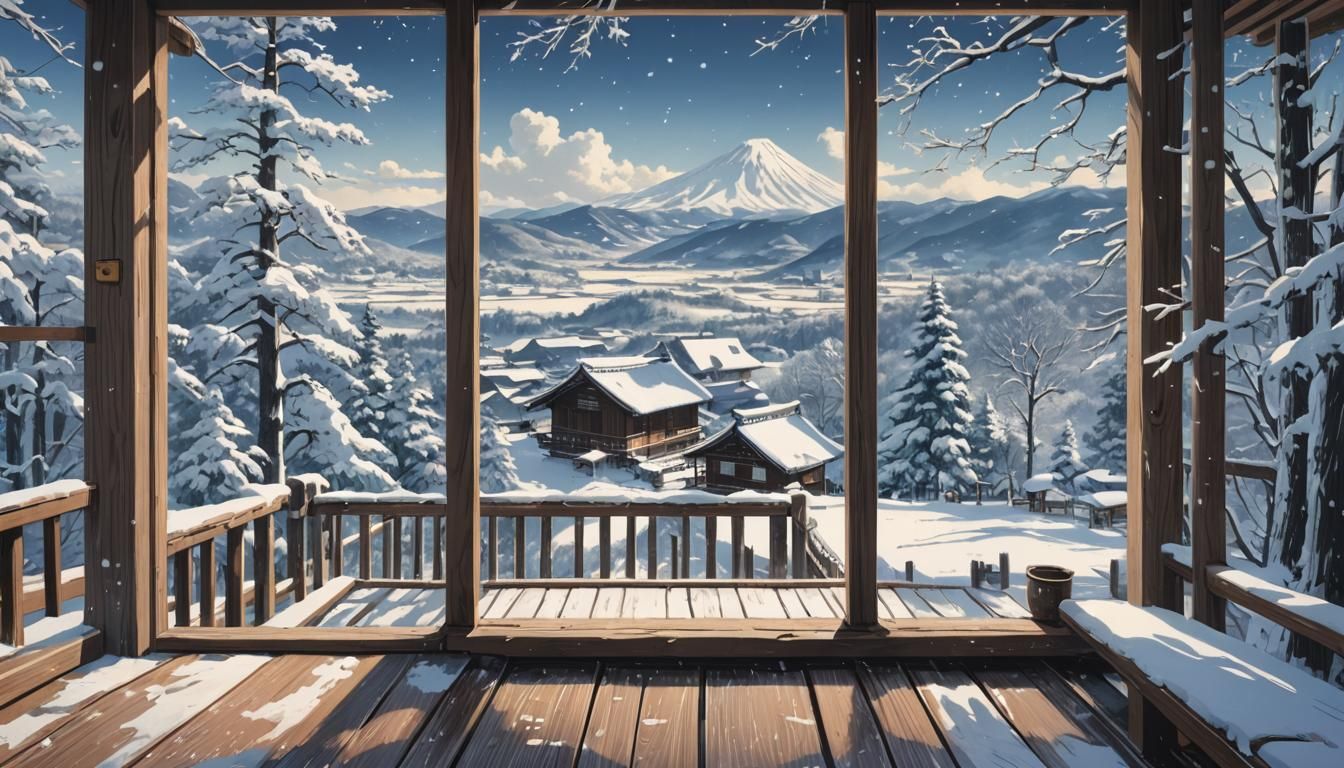 Hokkaido Ski Cabin in Blizzard, Woodblock Print