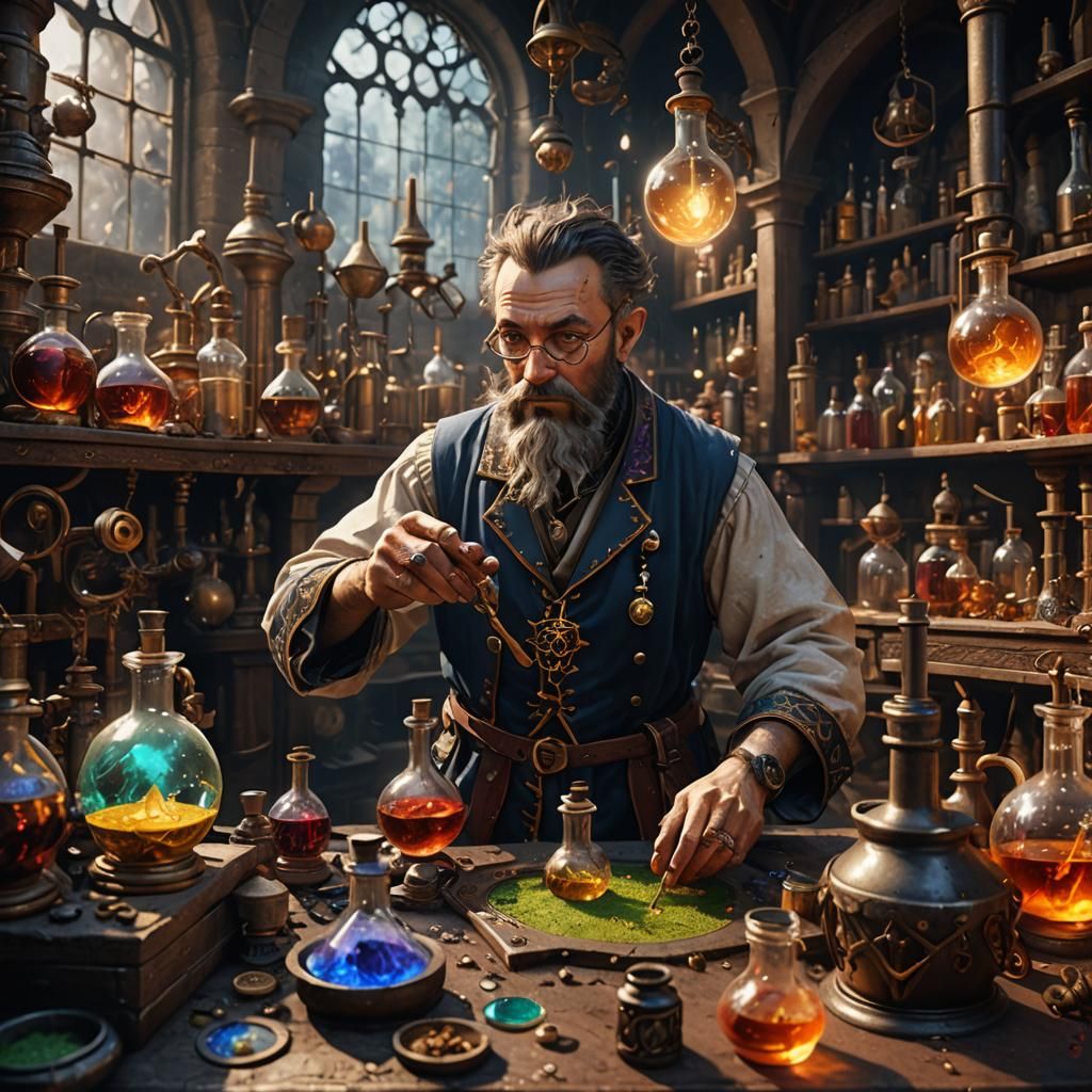 Alchemist Performing Experiments: Detailed Matte Painting