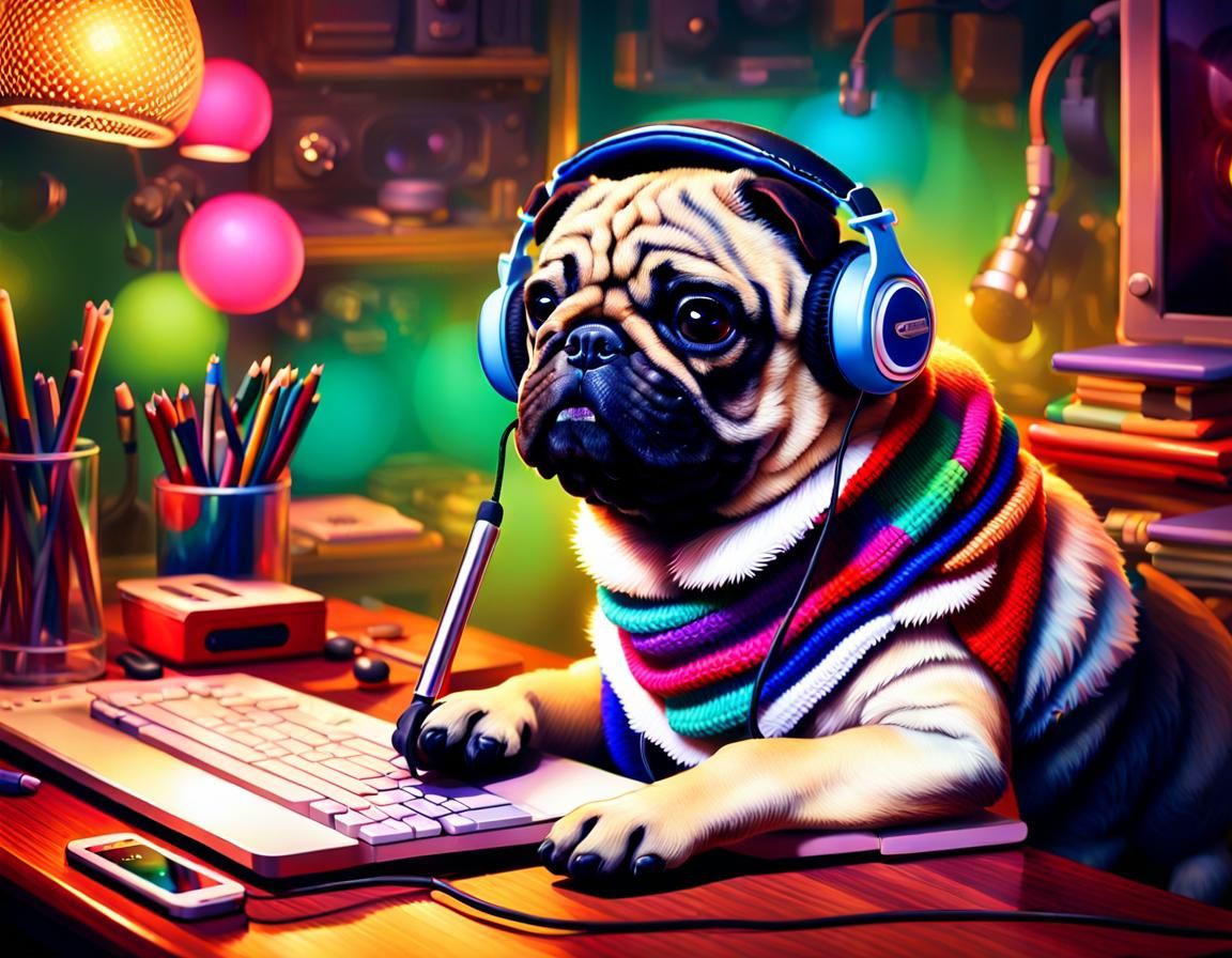 Pug Dog Portrait with Microphone, Digital Art
