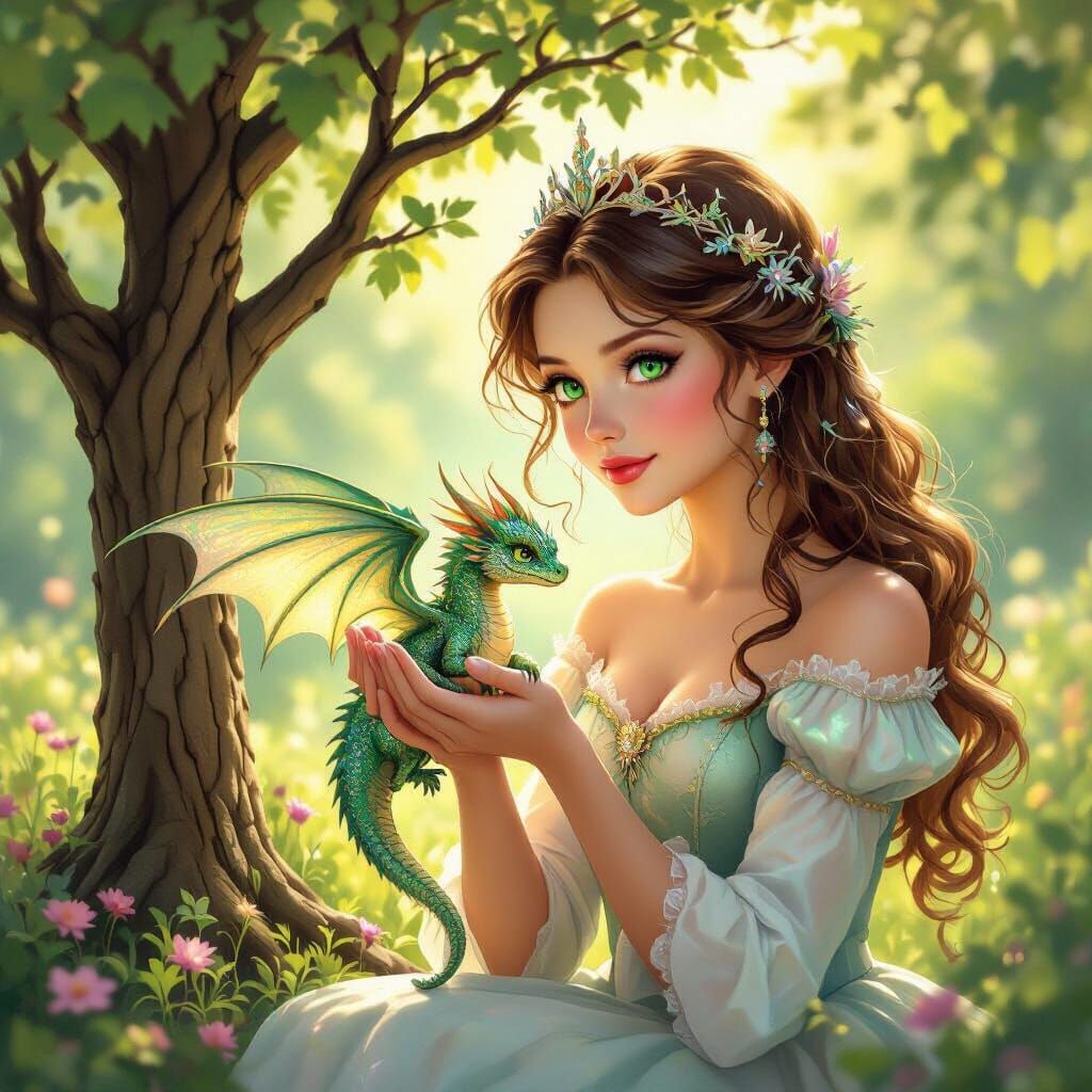 Princess Gently Holds Tiny Dragon in Enchanted Garden