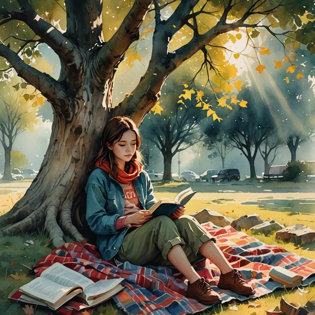 Watercolor Girl Reading Book Under Tree