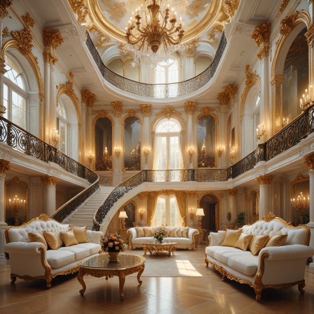 Baroque Mansion Interior with Cascading Water