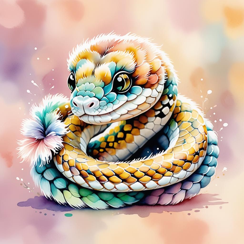 Watercolor of an Adorable Furry Baby Snake