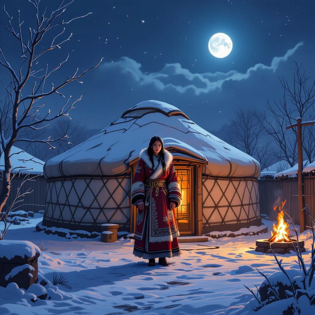 Mongolian Ger in Courtyard Bathed in Moonlight