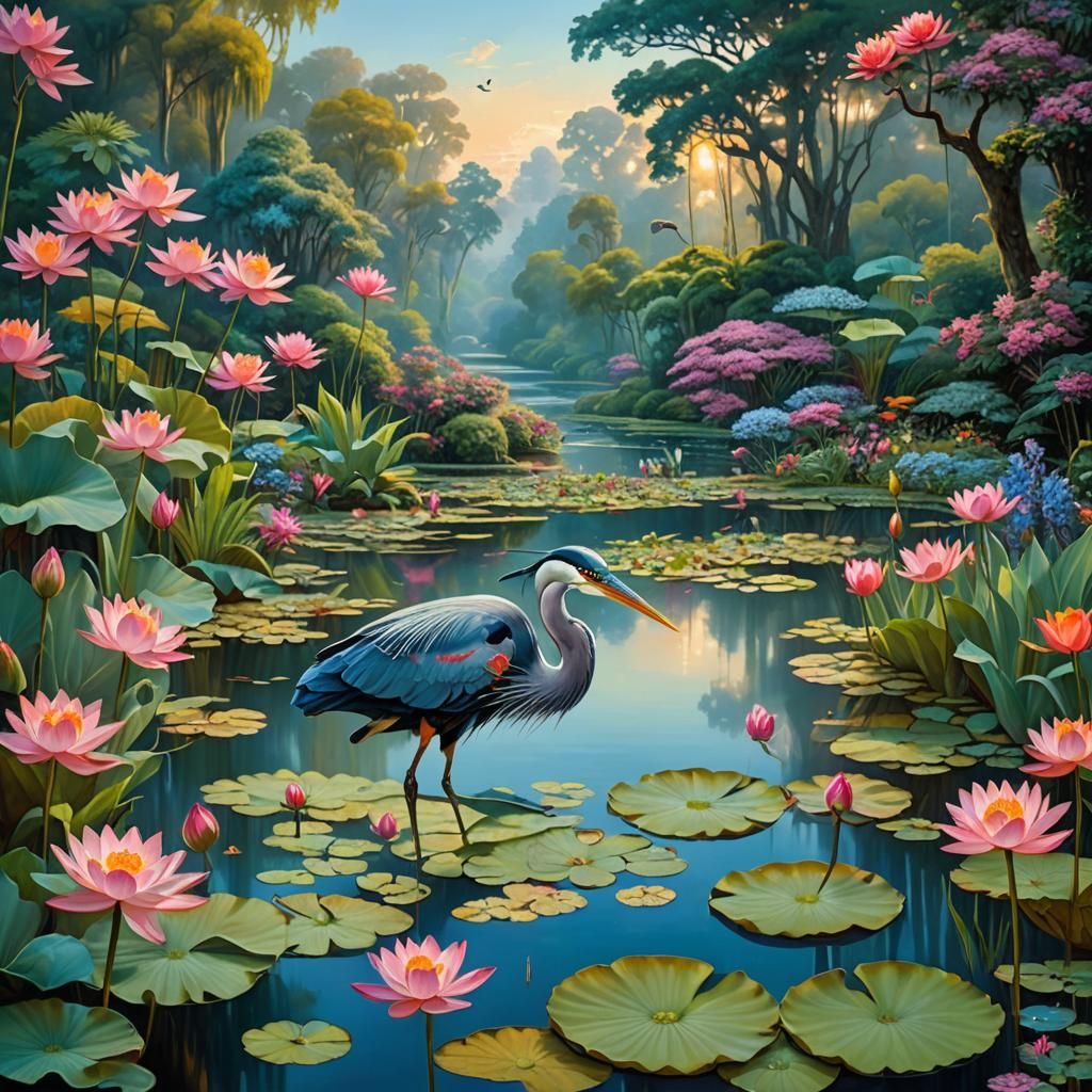 Surreal Landscape with Heron in Vibrant Digital Art