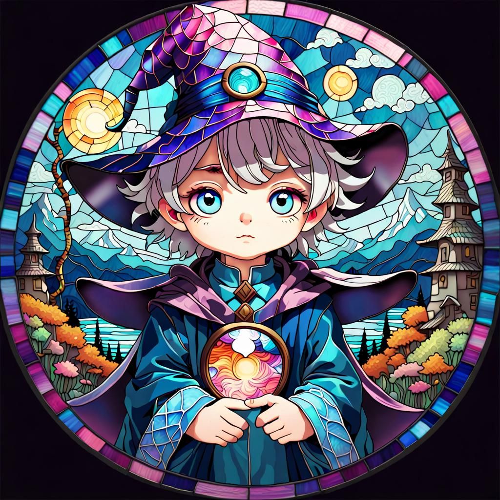 Chibi Wizard in Vaporwave Stained Glass