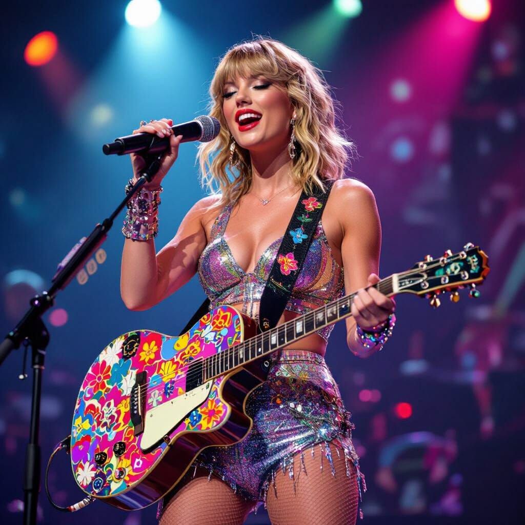 Singer in Sparkling Outfit on Stage: Pop Art Style