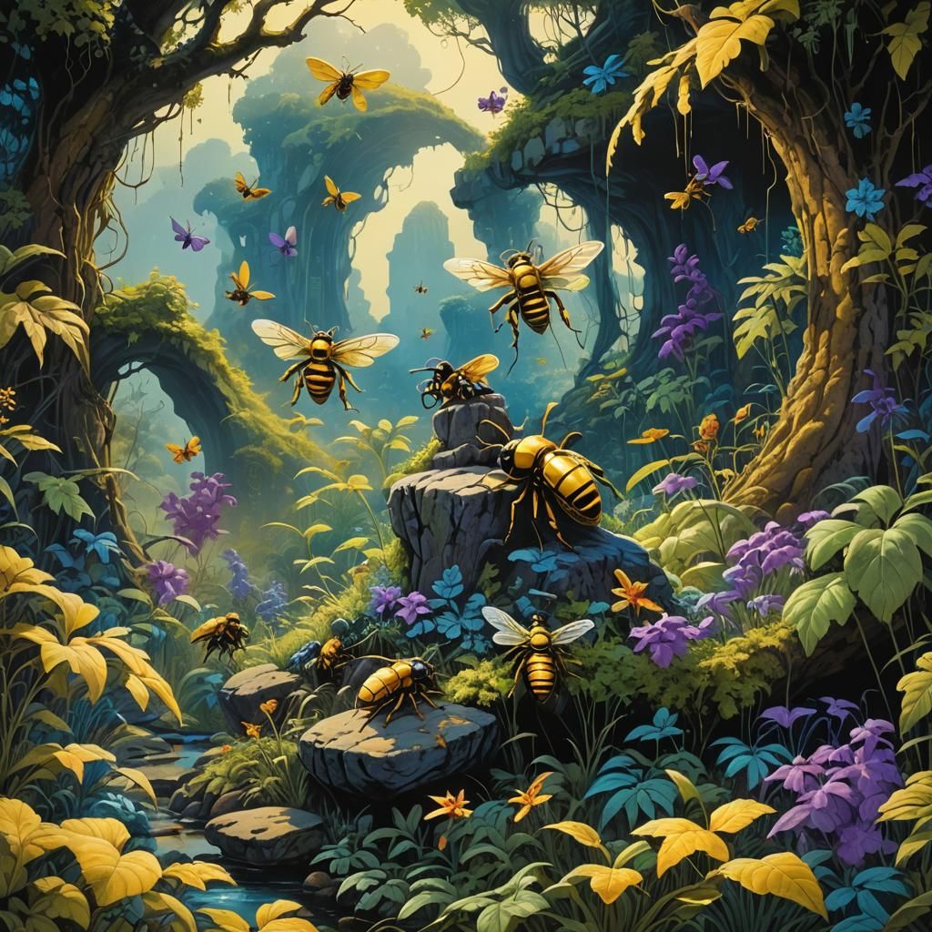 Giant Yellow Jackets in Fantasy Garden, Roger Dean Style