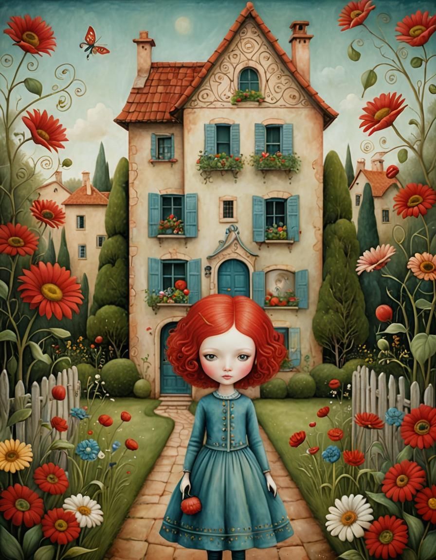 Whimsical Garden Scene in Naive Art Style