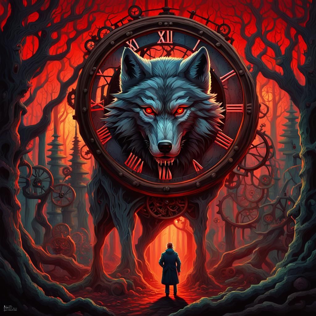 Menacing Wolf in Mystical Clockwork Forest, Dark Fantasy Art